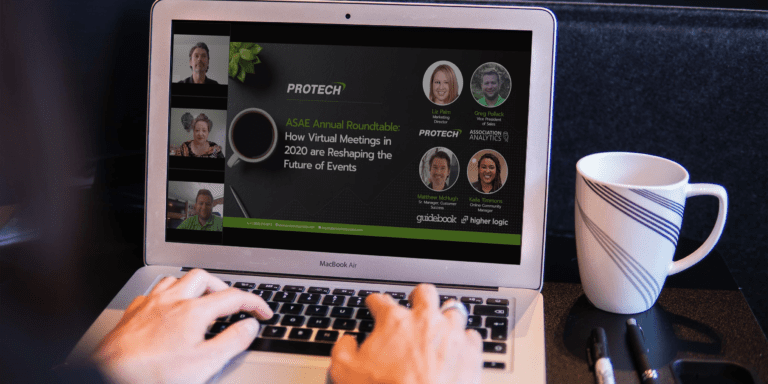 A laptop shows a webinar attendee watching one of Protech's monthly presentations.